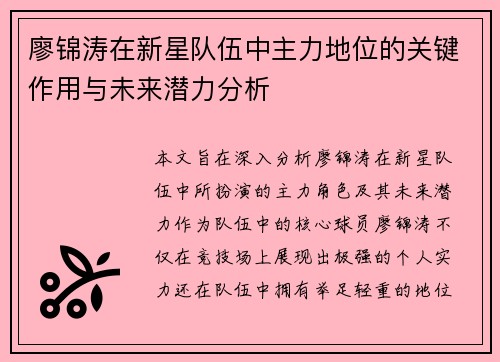 廖锦涛在新星队伍中主力地位的关键作用与未来潜力分析